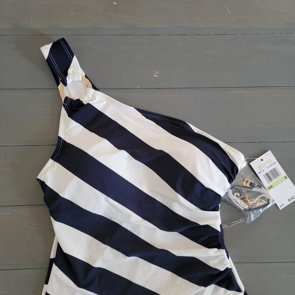 NWT Michael Kors Women's Navy Striped One Shoulder One-Piece Swimsuit Size 8 - Picture 3 of 9